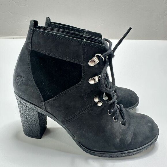 Timberland Boots Womens Size 8 Glancy High Heel Black Suede Leather Booties - Picture 1 of 14